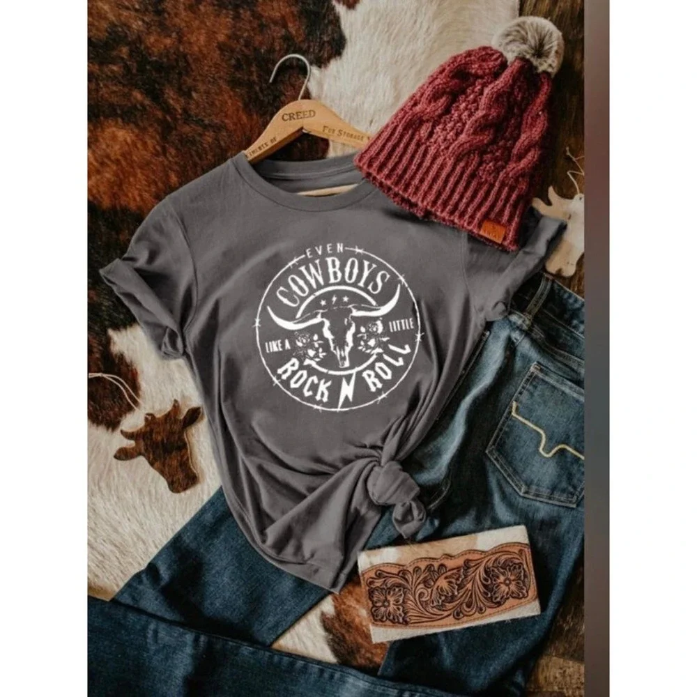 Cowboys Like a Little Rock N‎ Roll Graphic T-Shirt Western Tee Large